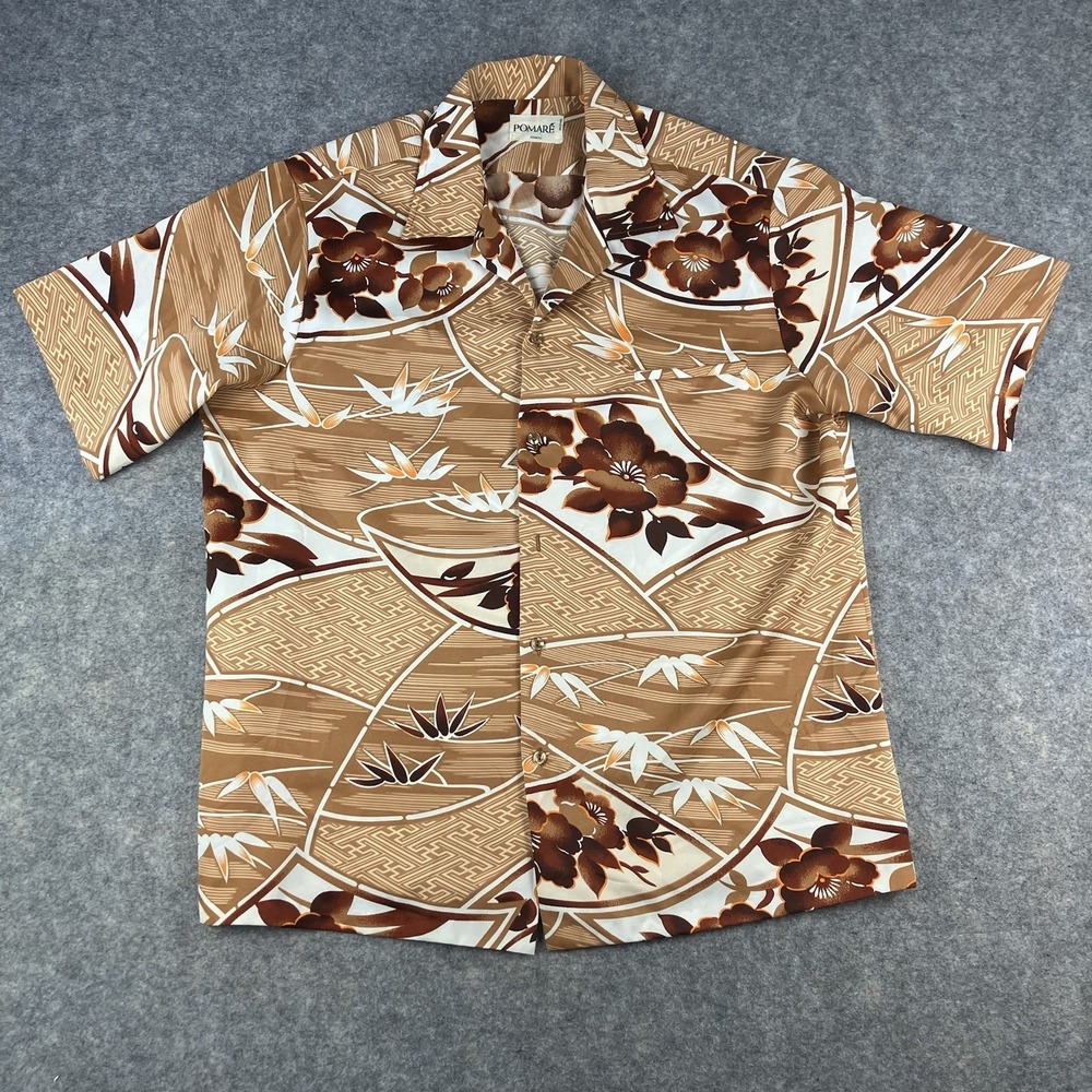 Vintage Pomare Hawaiian Shirt Mens Tapa Bamboo Floral Brown Made in Hawaii